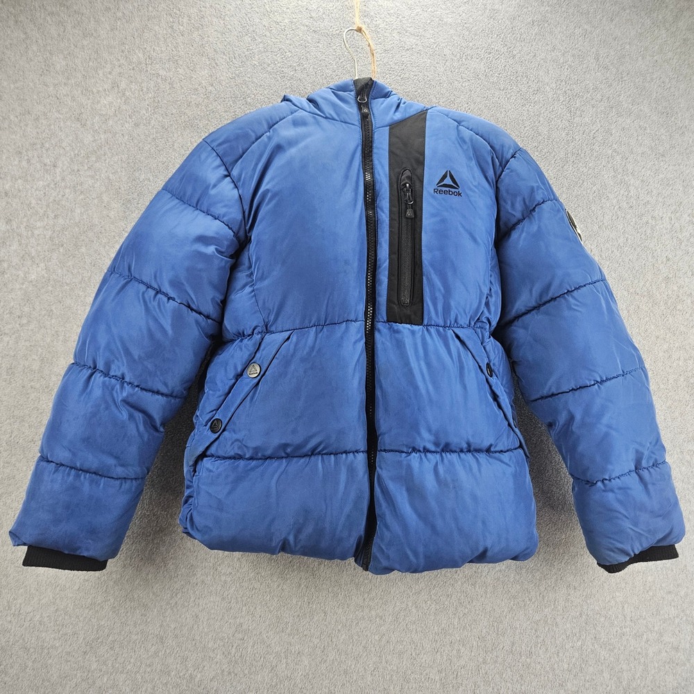REEBOK Puffer Jacket Kids 10/12 Blue Hooded Full Zip Warm Winter Outerwear Coat